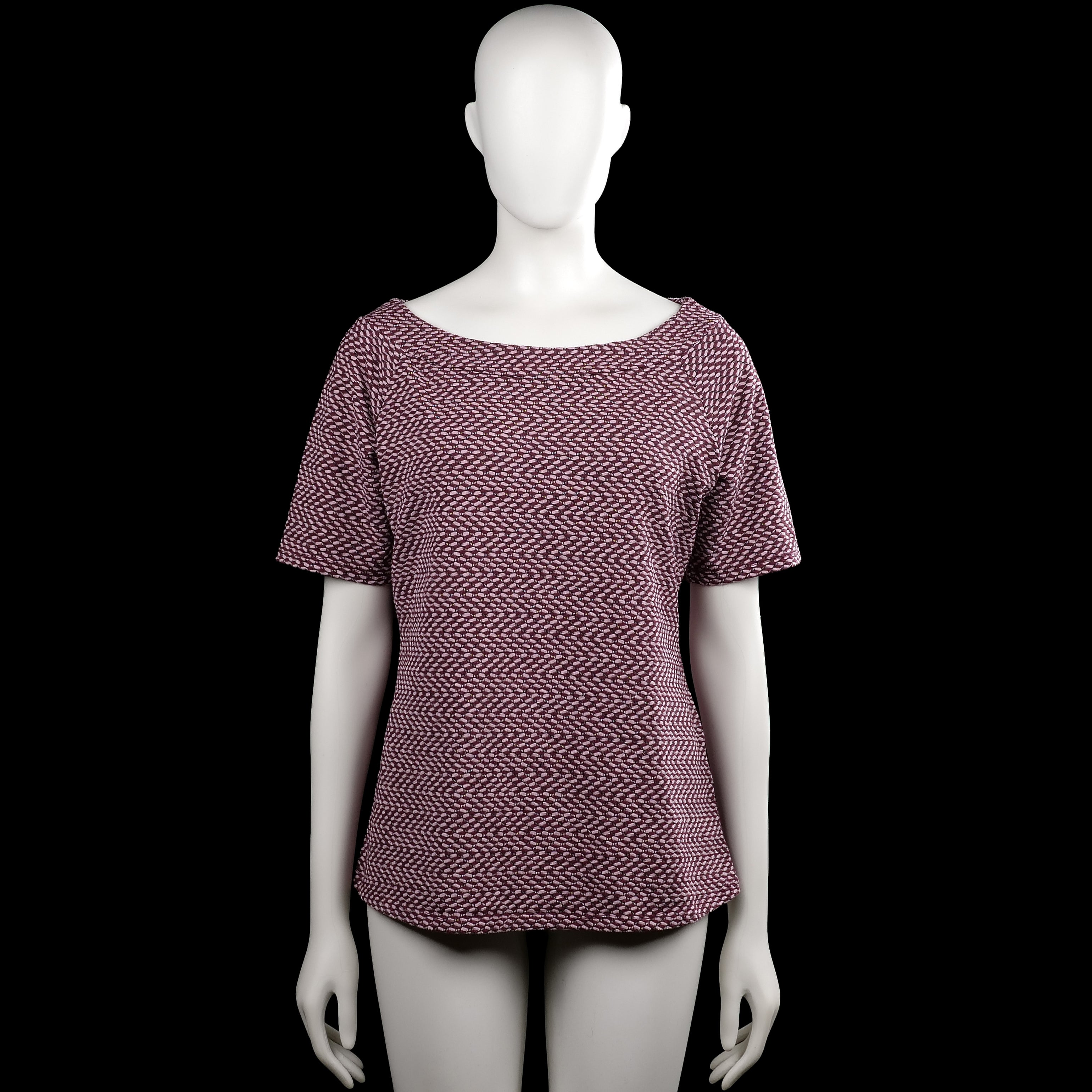 Lindex - T-shirt - Burgundy & White - Size L - Burgundy and white printed top with a boat neckline and short sleeves. Straight hem and plain sleeve cuffs.