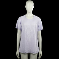 T-shirt - Lilac - Size L - Lilac solid short-sleeve top with a round neck and straight hem. Features scalloped cutout trim at the sleeve edges and hem.