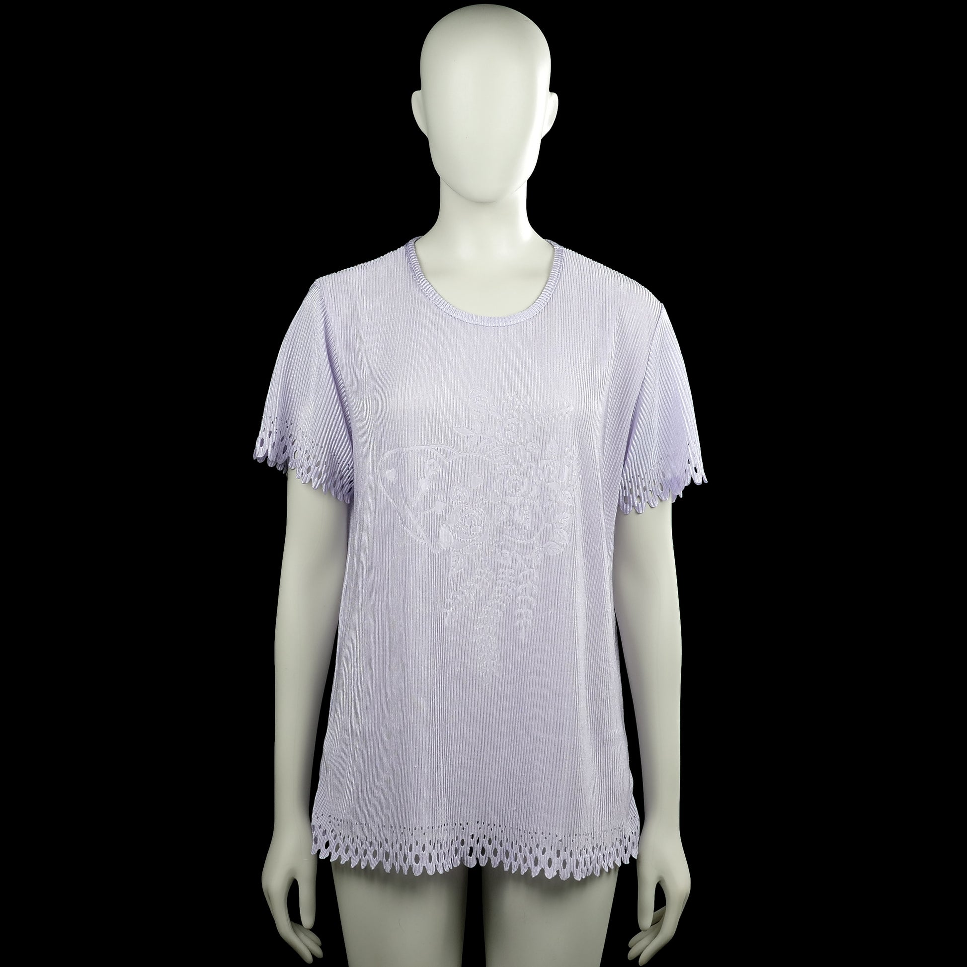 T-shirt - Lilac - Size L - Lilac solid short-sleeve top with a round neck and straight hem. Features scalloped cutout trim at the sleeve edges and hem.