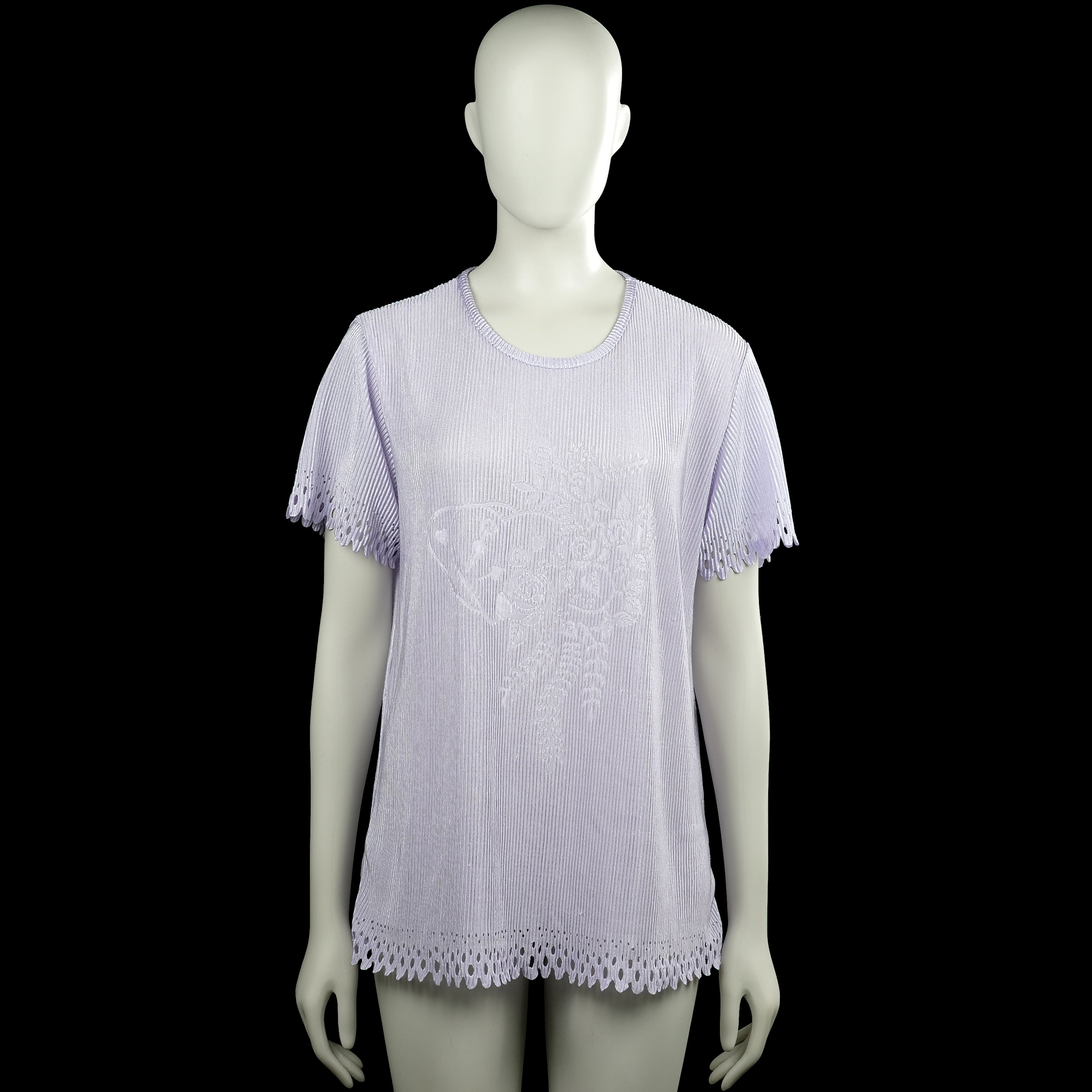 T-shirt - Lilac - Size L - Lilac solid short-sleeve top with a round neck and straight hem. Features scalloped cutout trim at the sleeve edges and hem.