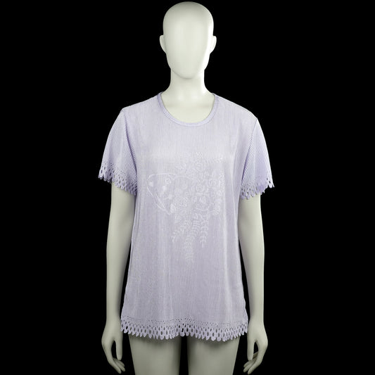 T-shirt - Lilac - Size L - Lilac solid short-sleeve top with a round neck and straight hem. Features scalloped cutout trim at the sleeve edges and hem.