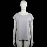 Esprit - T-shirt - Light Gray - Size M - Light gray solid top with a boat neckline and short sleeves. Curved hem with small side slits.