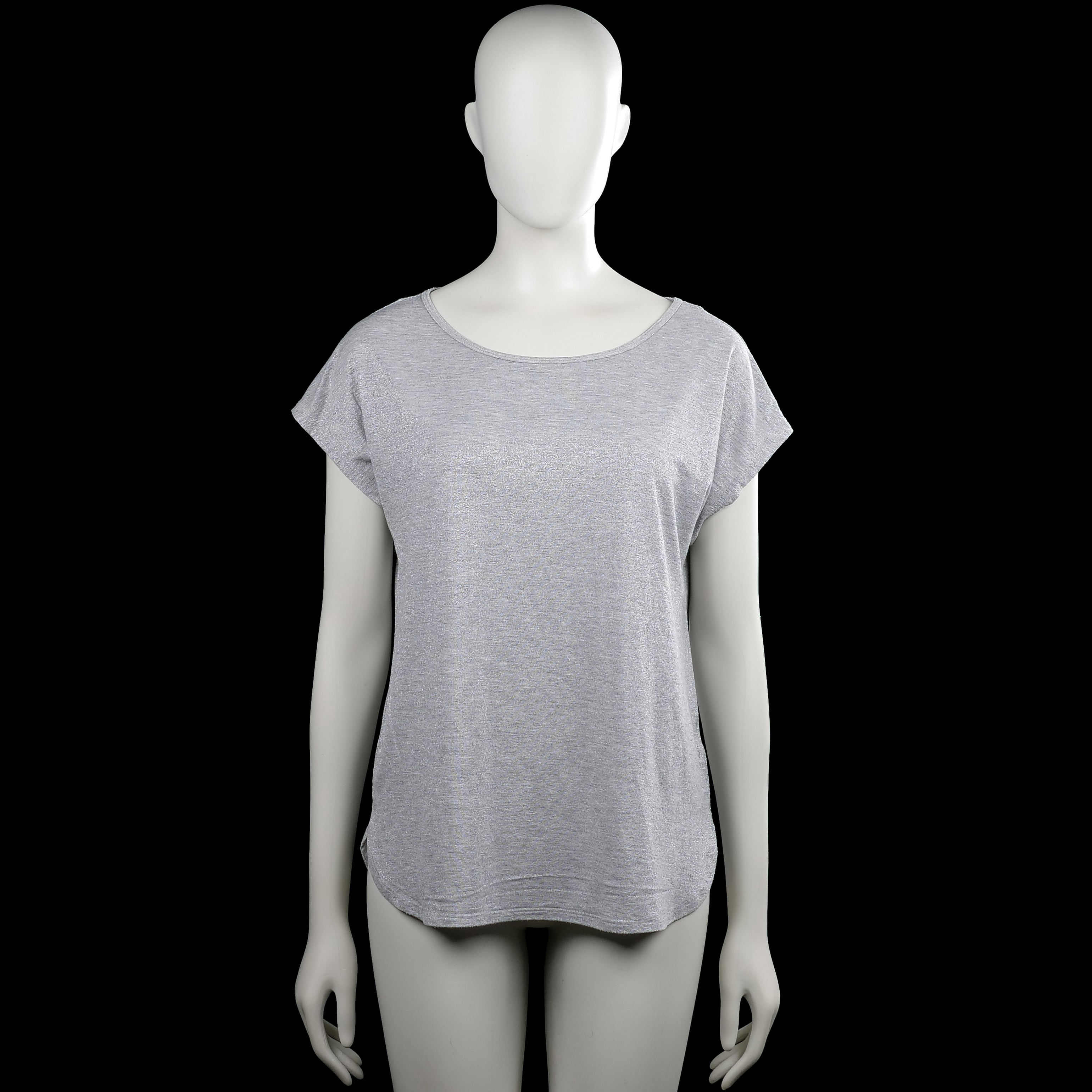 Esprit - T-shirt - Light Gray - Size M - Light gray solid top with a boat neckline and short sleeves. Curved hem with small side slits.