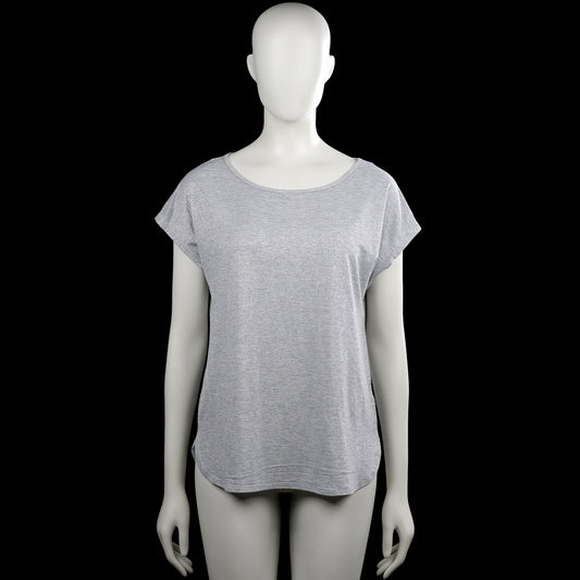 Esprit - T-shirt - Light Gray - Size M - Light gray solid top with a boat neckline and short sleeves. Curved hem with small side slits.