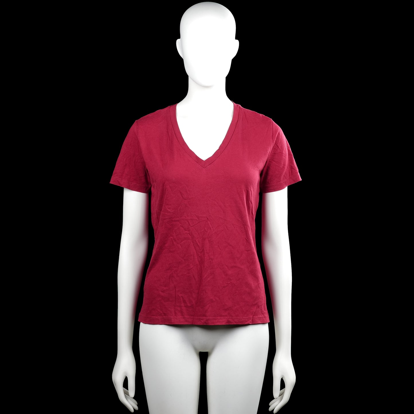 Amisu - T-shirt - Burgundy - Size S - Burgundy solid top with a V-neckline and short sleeves. Straight hem and plain sleeve cuffs.