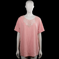 Yessica - T-shirt - Pink - Size 44, 46 - Pink solid top with a scoop neckline and short sleeves. Features a decorative cutout lace-style panel at the front neckline and a straight hem.
