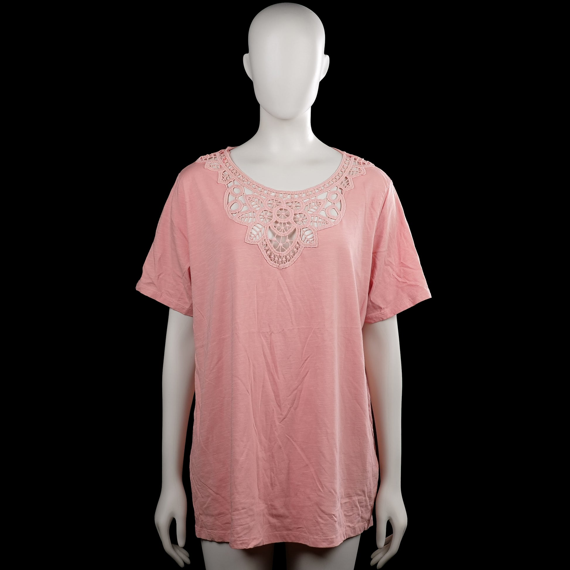 Yessica - T-shirt - Pink - Size 44, 46 - Pink solid top with a scoop neckline and short sleeves. Features a decorative cutout lace-style panel at the front neckline and a straight hem.