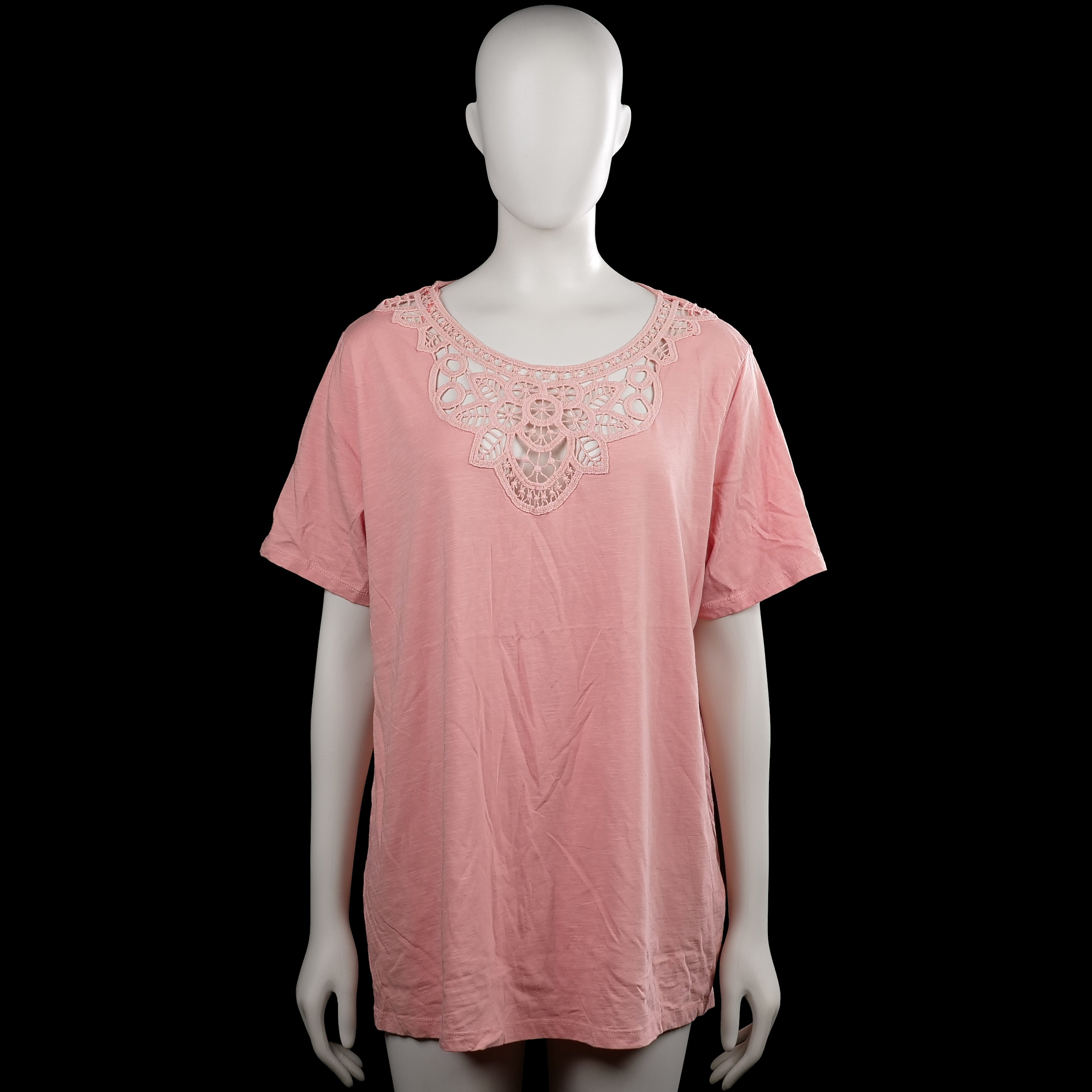 Yessica - T-shirt - Pink - Size 44, 46 - Pink solid top with a scoop neckline and short sleeves. Features a decorative cutout lace-style panel at the front neckline and a straight hem.