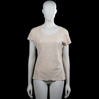 Ambika - T-shirt - Beige - Size M - Beige solid top with a scoop neckline and short sleeves. Straight hem and plain sleeve cuffs with no visible closures.