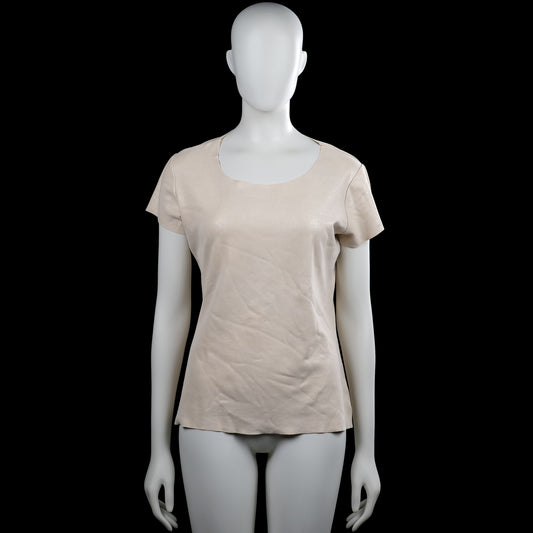 Ambika - T-shirt - Beige - Size M - Beige solid top with a scoop neckline and short sleeves. Straight hem and plain sleeve cuffs with no visible closures.