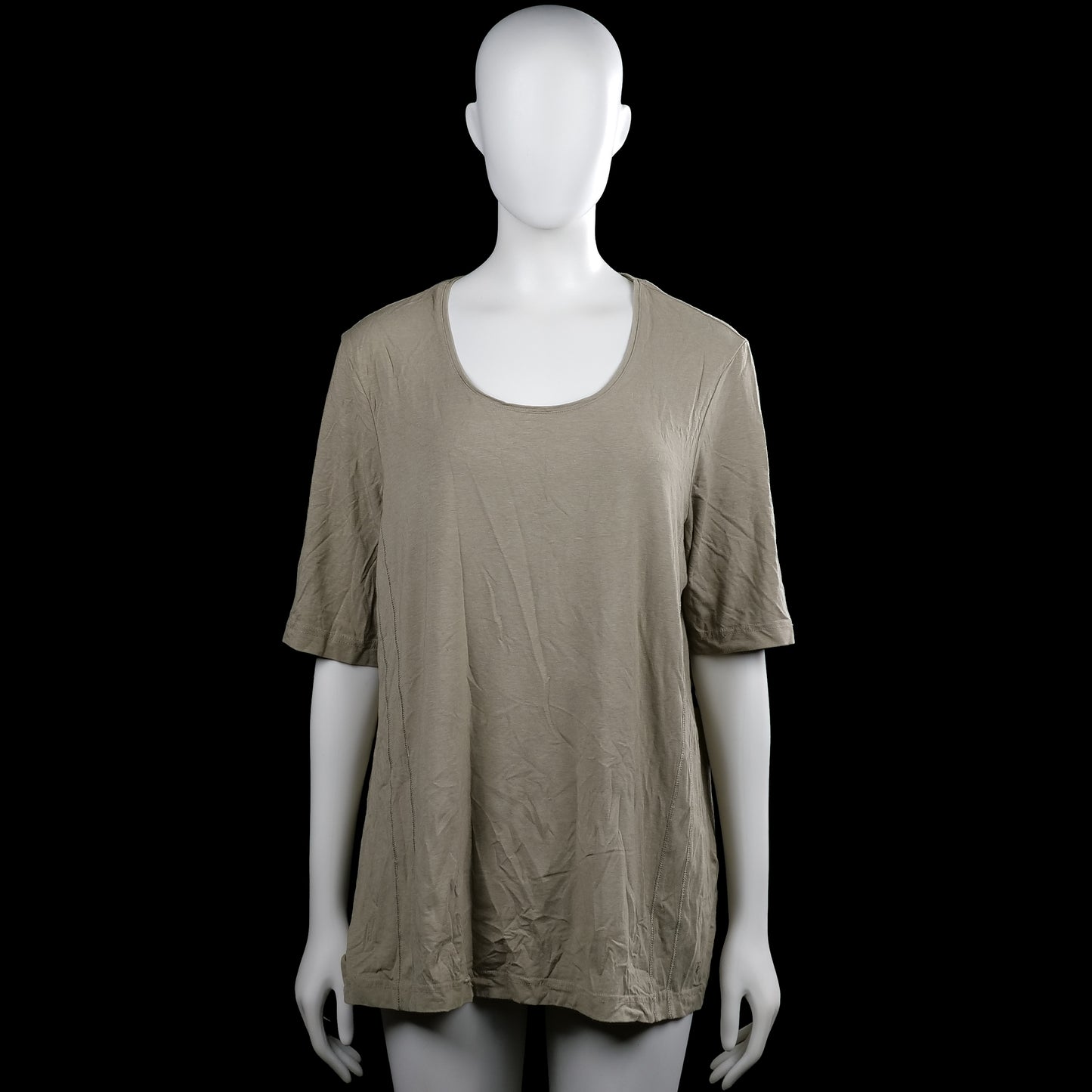With love - T-shirt - Khaki - Size XL - Khaki solid top with a scoop neckline and short sleeves with plain cuffs. Features a straight hem and visible seam detailing down the sides.