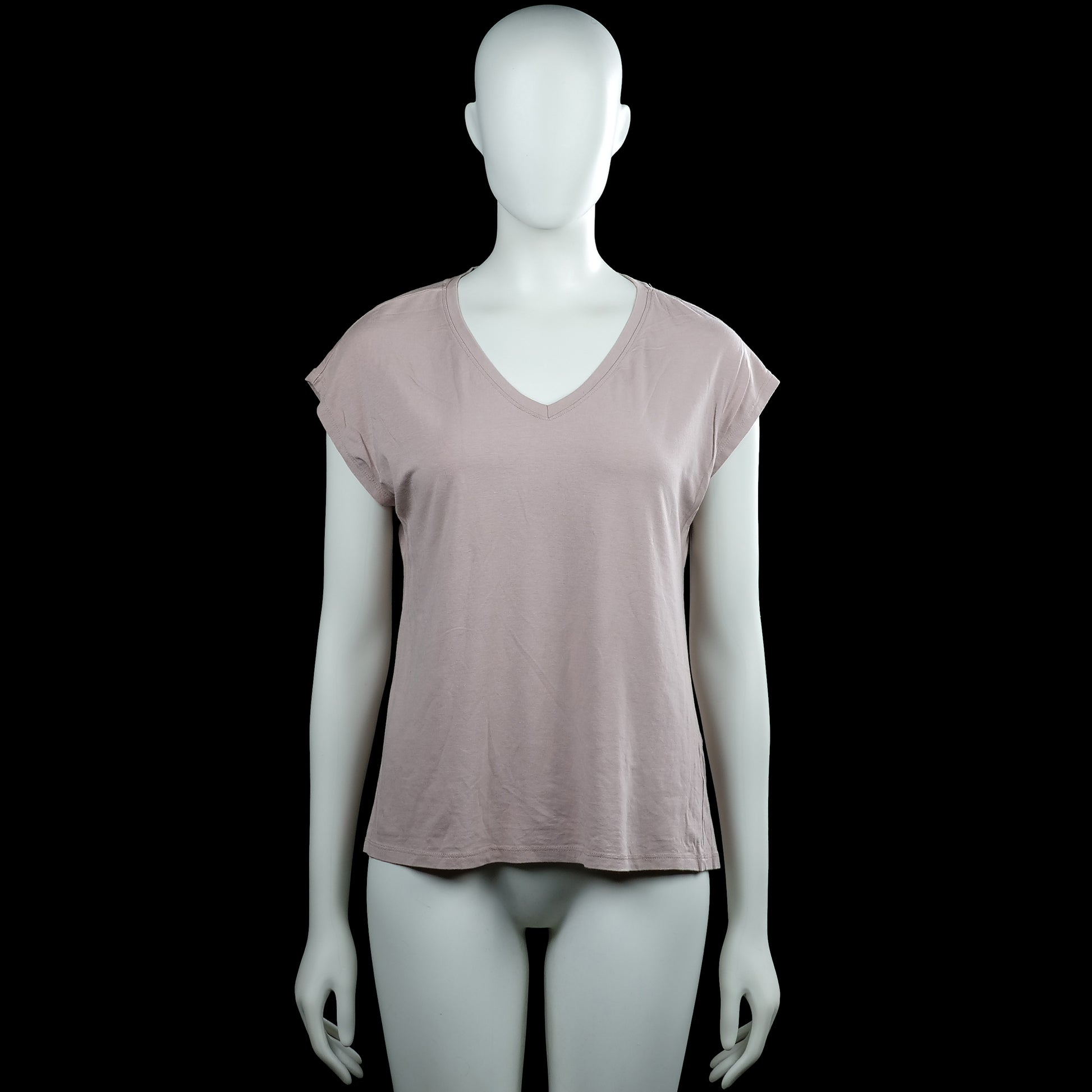 Amisu - T-shirt - Taupe - Size XS - Taupe solid top with a V-neckline and short sleeves. Straight hem and plain sleeve cuffs.