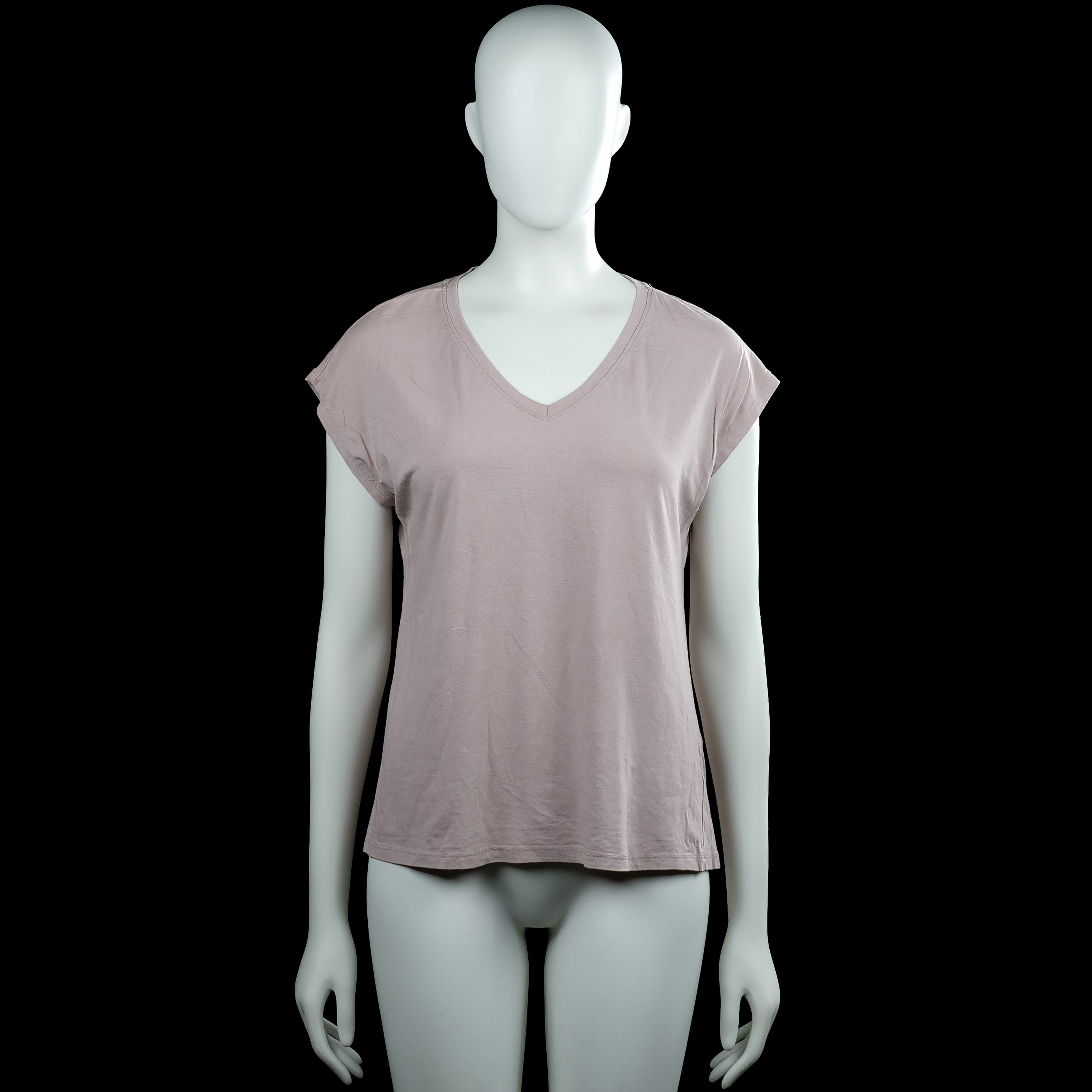 Amisu - T-shirt - Taupe - Size XS - Taupe solid top with a V-neckline and short sleeves. Straight hem and plain sleeve cuffs.