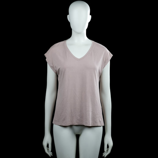 Amisu - T-shirt - Taupe - Size XS - Taupe solid top with a V-neckline and short sleeves. Straight hem and plain sleeve cuffs.