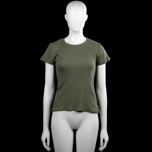 America today - T-shirt - Olive - Size S - Olive solid ribbed top with a round neckline and short sleeves. Straight hem and plain cuffs with no visible closures.