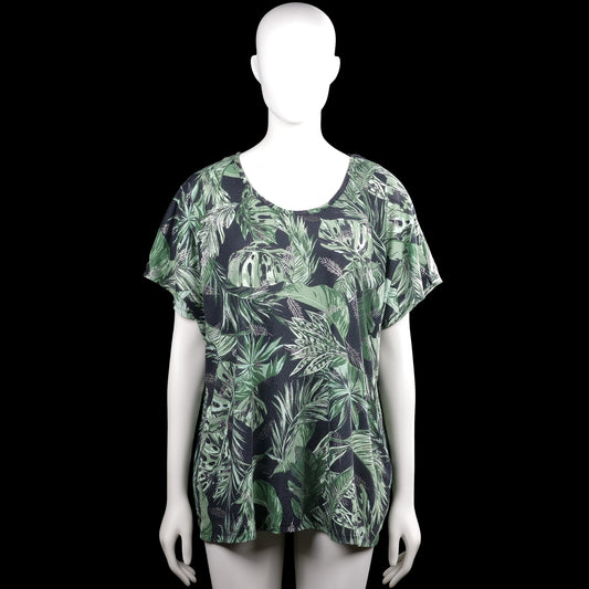 Msmode - T-shirt - Black & Forest Green - Size XXL - Black and forest green top with an all-over leaf floral pattern and a scoop neckline. Short sleeves with plain cuffs and a straight hem.