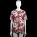Visual clothing project - T-shirt - Burgundy & White - Size M - Burgundy top with a floral pattern in white and purple, featuring a round neckline and short sleeves with plain cuffs. Straight hem with no visible closures.
