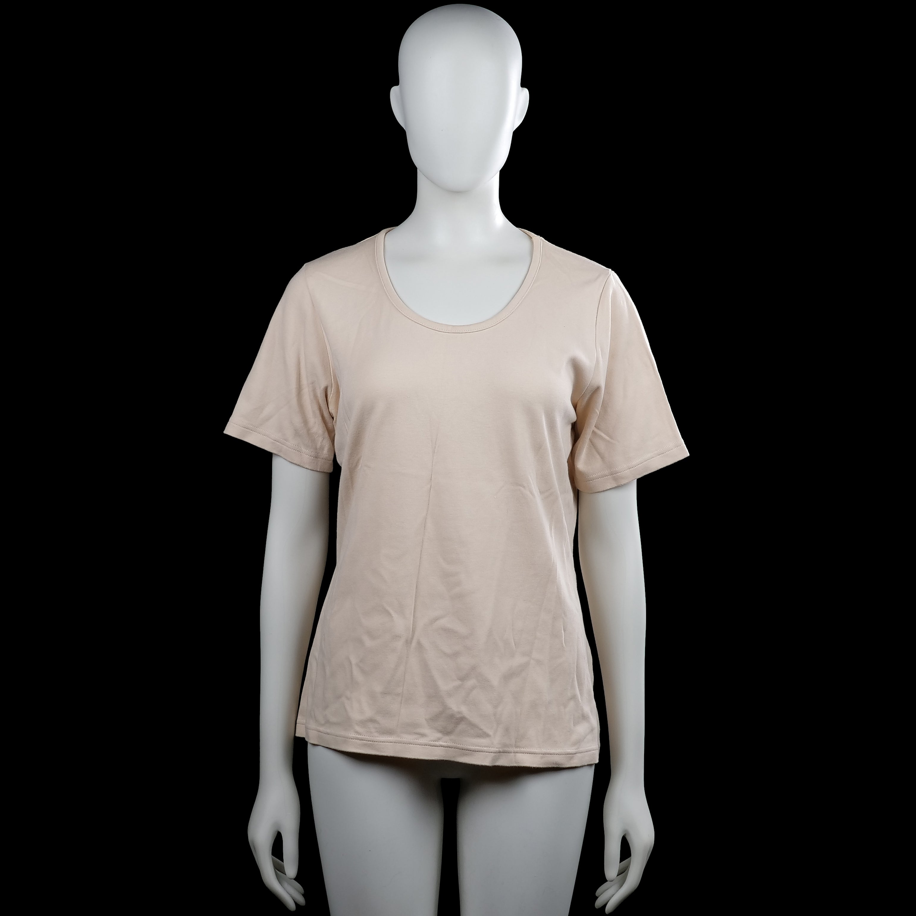 Best basics - T-shirt - Beige - Size L - Beige solid top with a scoop neckline and short sleeves. Straight hem and plain cuffs with no visible closures.