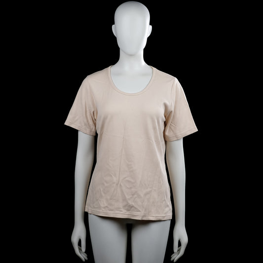 Best basics - T-shirt - Beige - Size L - Beige solid top with a scoop neckline and short sleeves. Straight hem and plain cuffs with no visible closures.