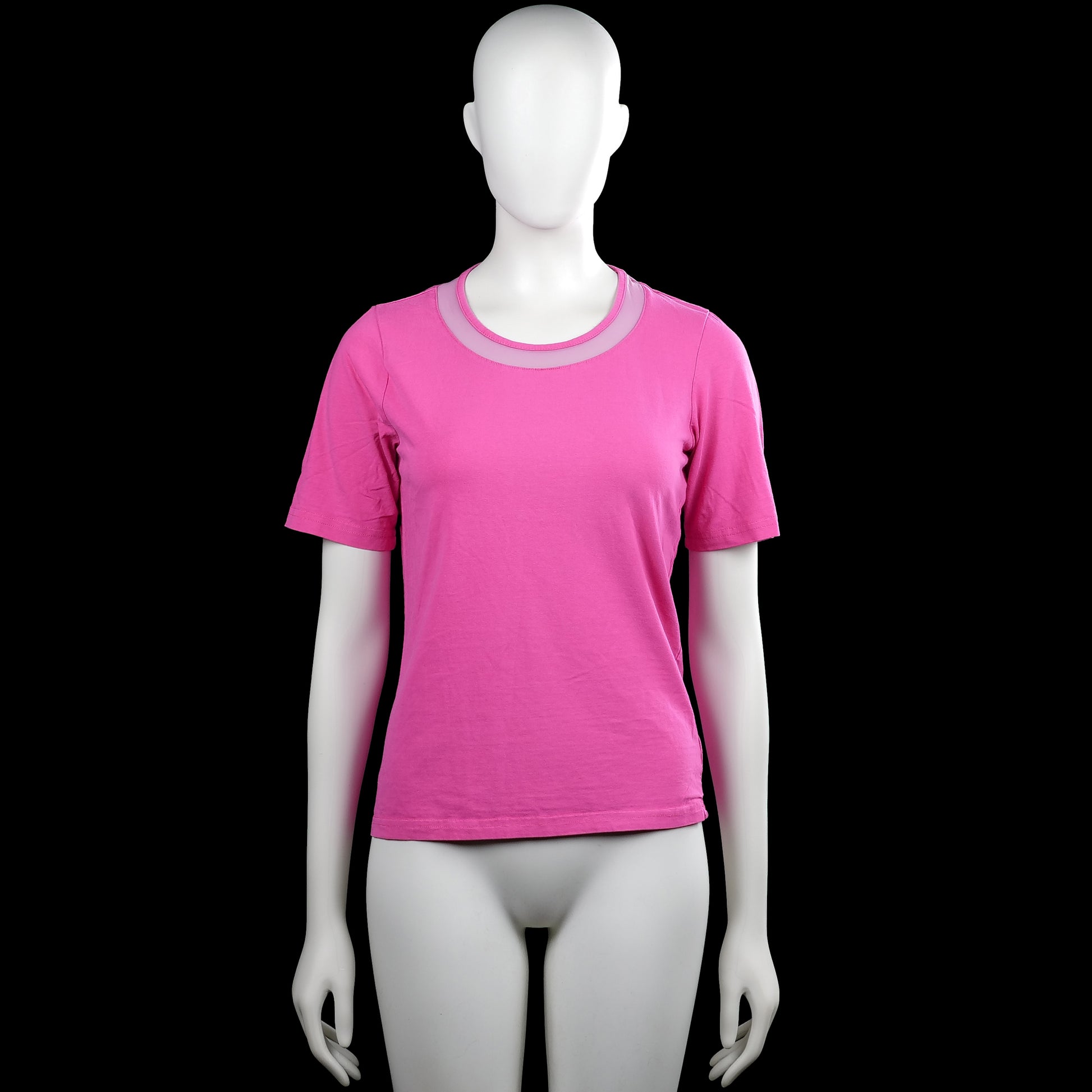 Micha - T-shirt - Pink & Light Pink - Size S - Pink solid short-sleeve top with a round neck and a sheer panel around the neckline. Straight hem and plain cuffs.