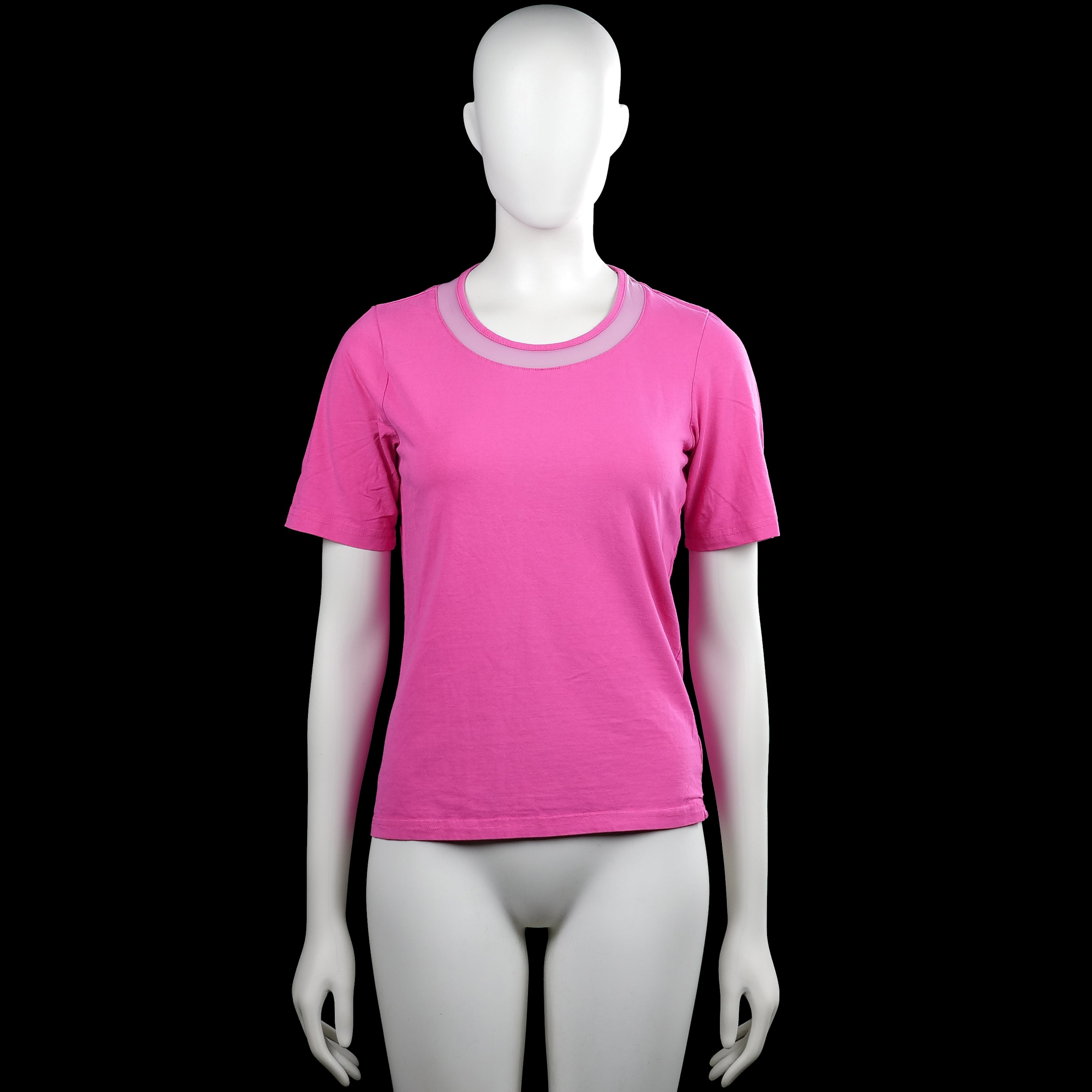 Micha - T-shirt - Pink & Light Pink - Size S - Pink solid short-sleeve top with a round neck and a sheer panel around the neckline. Straight hem and plain cuffs.