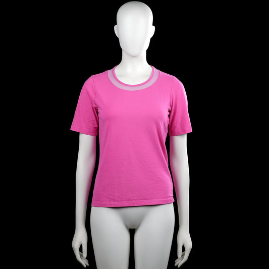 Micha - T-shirt - Pink & Light Pink - Size S - Pink solid short-sleeve top with a round neck and a sheer panel around the neckline. Straight hem and plain cuffs.