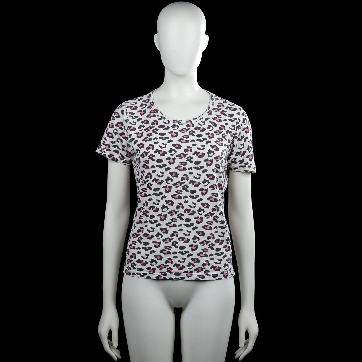 9th avenue - T-shirt - White & Black - Size M - White and black leopard-print top with pink accents and a round neck. Features short sleeves with plain cuffs and a straight hem.