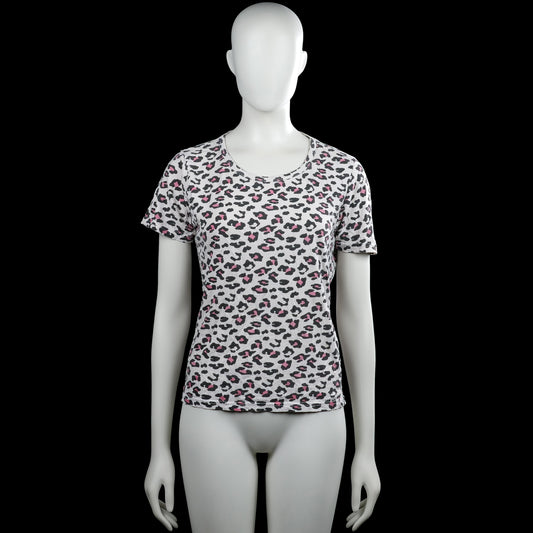 9th avenue - T-shirt - White & Black - Size M - White and black leopard-print top with pink accents and a round neck. Features short sleeves with plain cuffs and a straight hem.