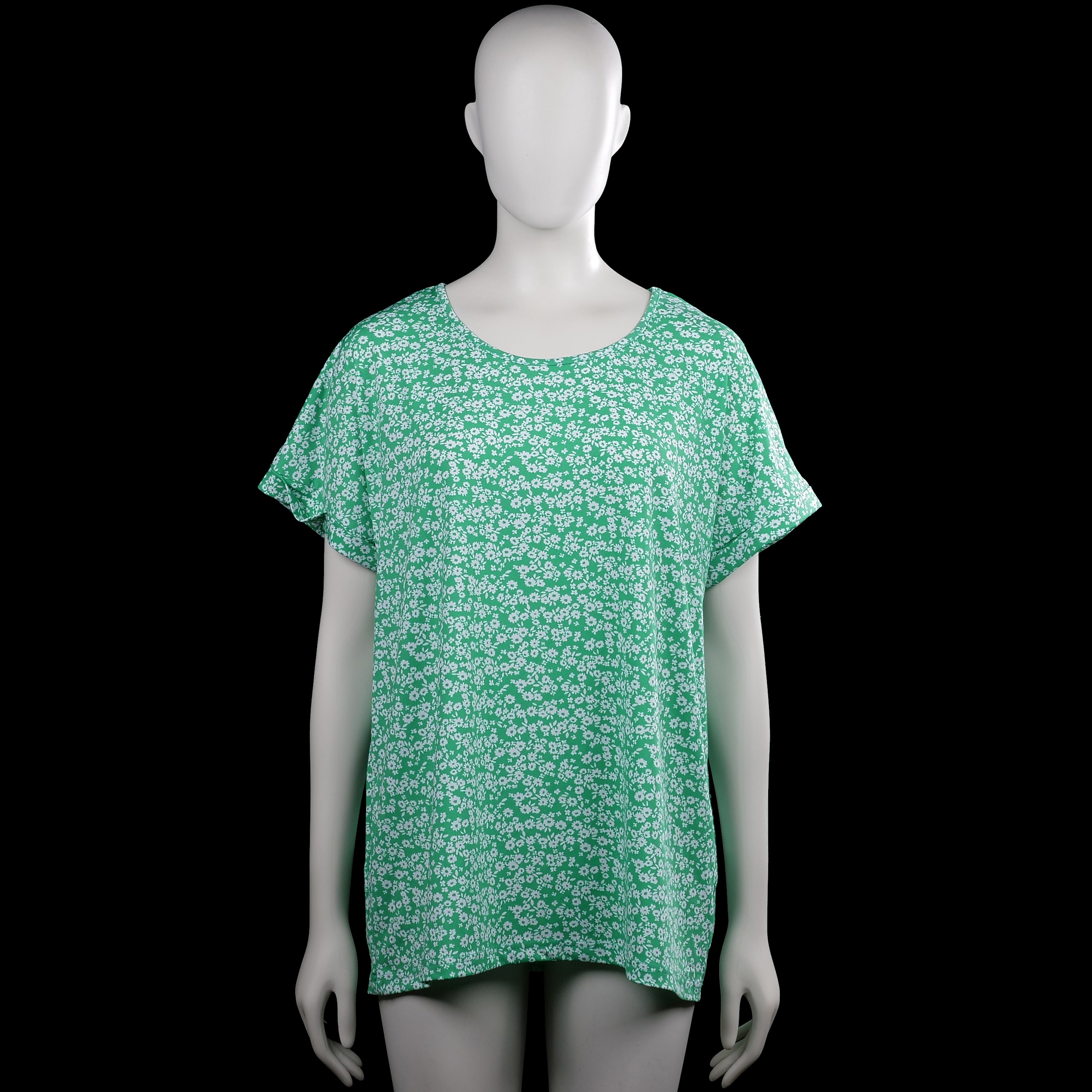 Isolde - T-shirt - Mint & White - Size L - Mint top with an all-over white floral pattern and a round neckline. Short sleeves with plain cuffs and a straight hem.