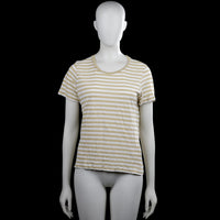 Monkl - T-shirt - White & Beige - Size S - White and beige striped top with a round neck and short sleeves. Features plain sleeve cuffs and a straight hem.