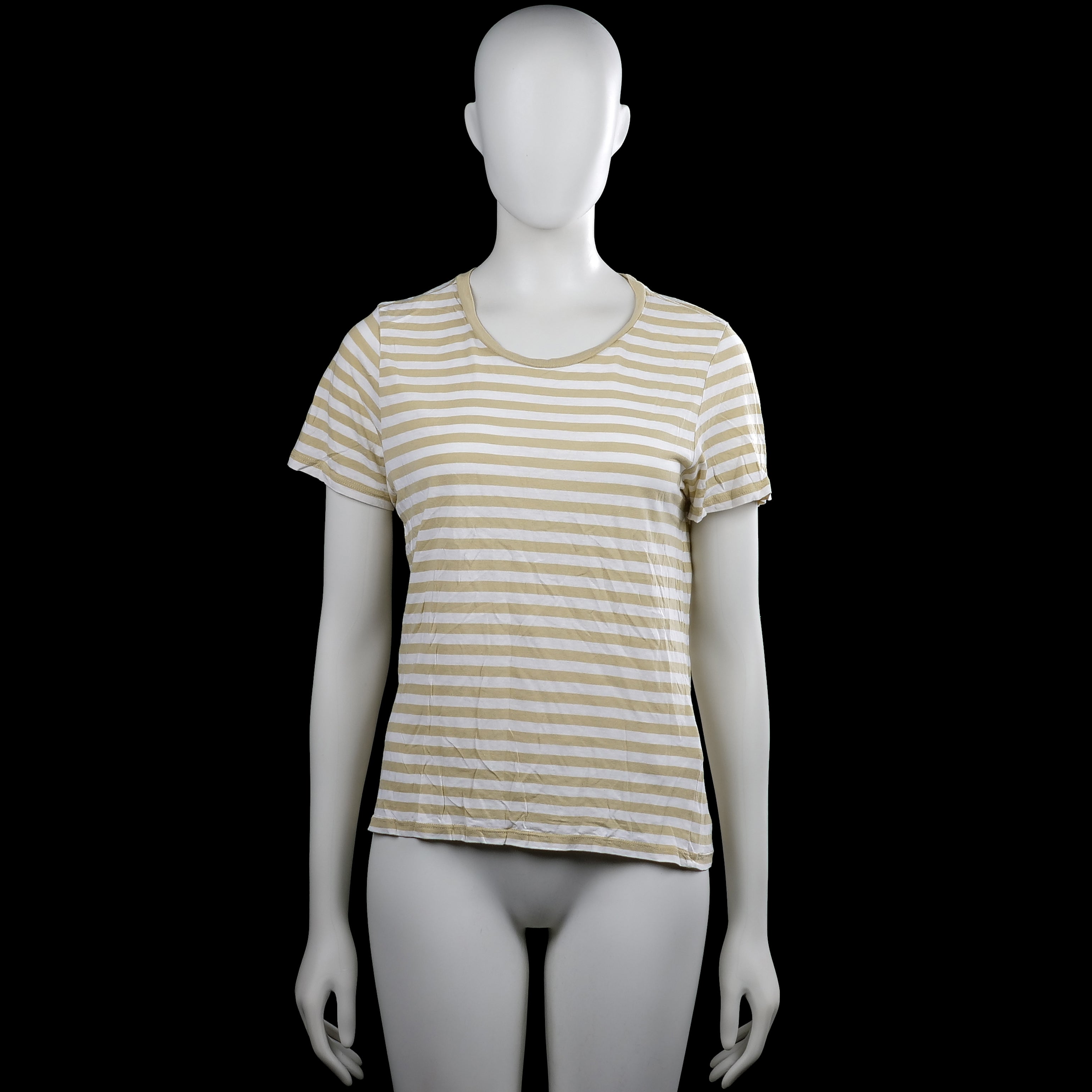 Monkl - T-shirt - White & Beige - Size S - White and beige striped top with a round neck and short sleeves. Features plain sleeve cuffs and a straight hem.