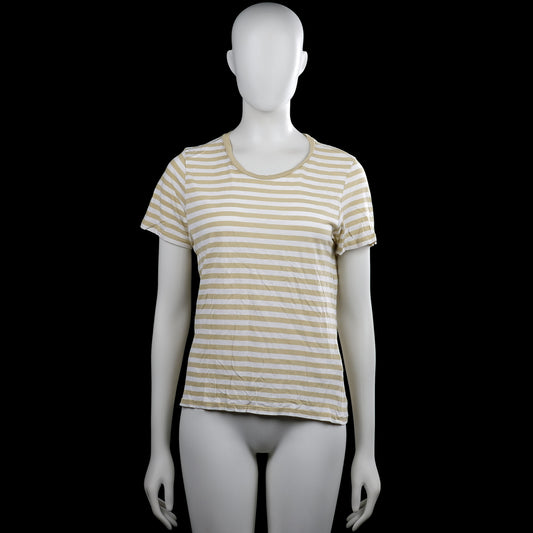 Monkl - T-shirt - White & Beige - Size S - White and beige striped top with a round neck and short sleeves. Features plain sleeve cuffs and a straight hem.