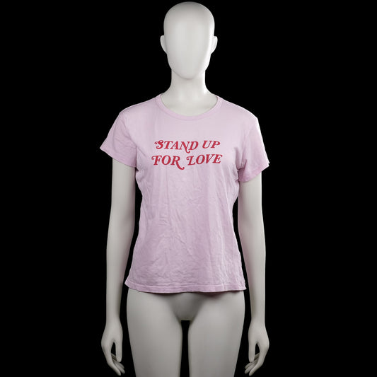 Zara - T-shirt - Light Pink & Red - Size S - Light pink short-sleeve T-shirt with a round neckline and straight hem. Red text print on the front.
