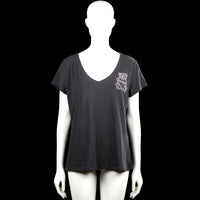H&m basic - T-shirt - Charcoal - Size XL - Charcoal short-sleeve top with a V-neck and straight hem. Features white graphic print on the chest and a large white text print on the back.