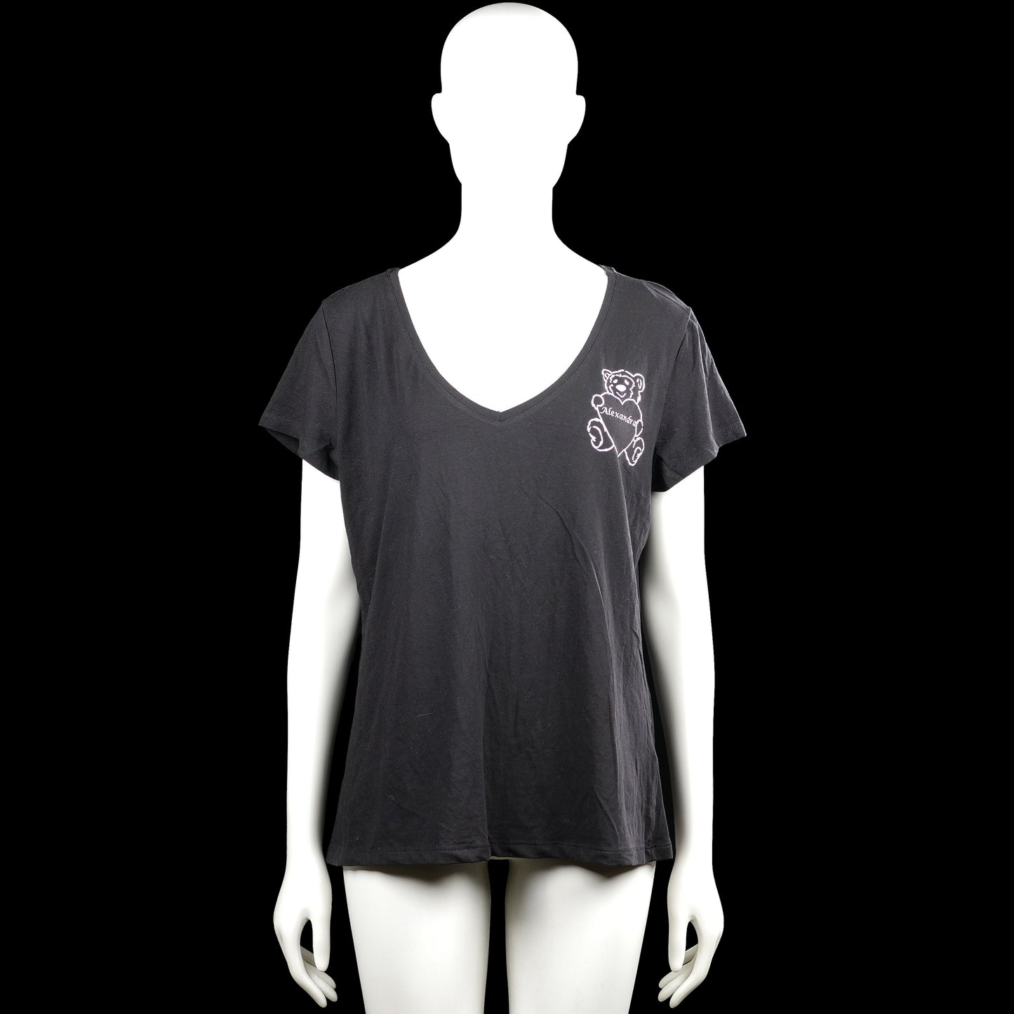 H&m basic - T-shirt - Charcoal - Size XL - Charcoal short-sleeve top with a V-neck and straight hem. Features white graphic print on the chest and a large white text print on the back.