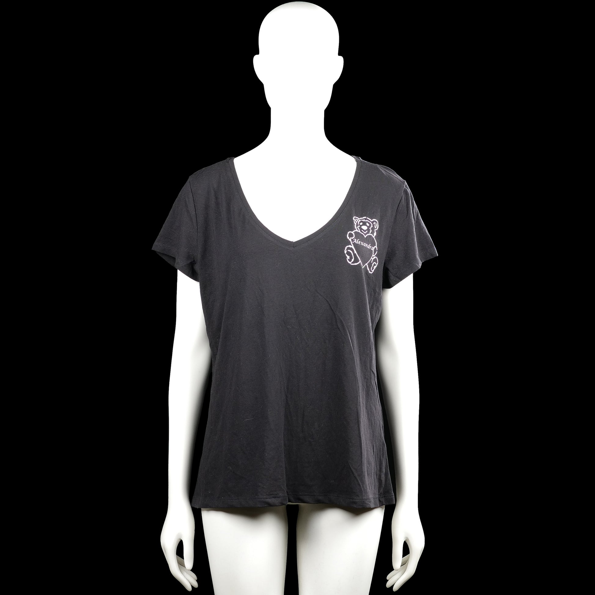 H&m basic - T-shirt - Charcoal - Size XL - Charcoal short-sleeve top with a V-neck and straight hem. Features white graphic print on the chest and a large white text print on the back.