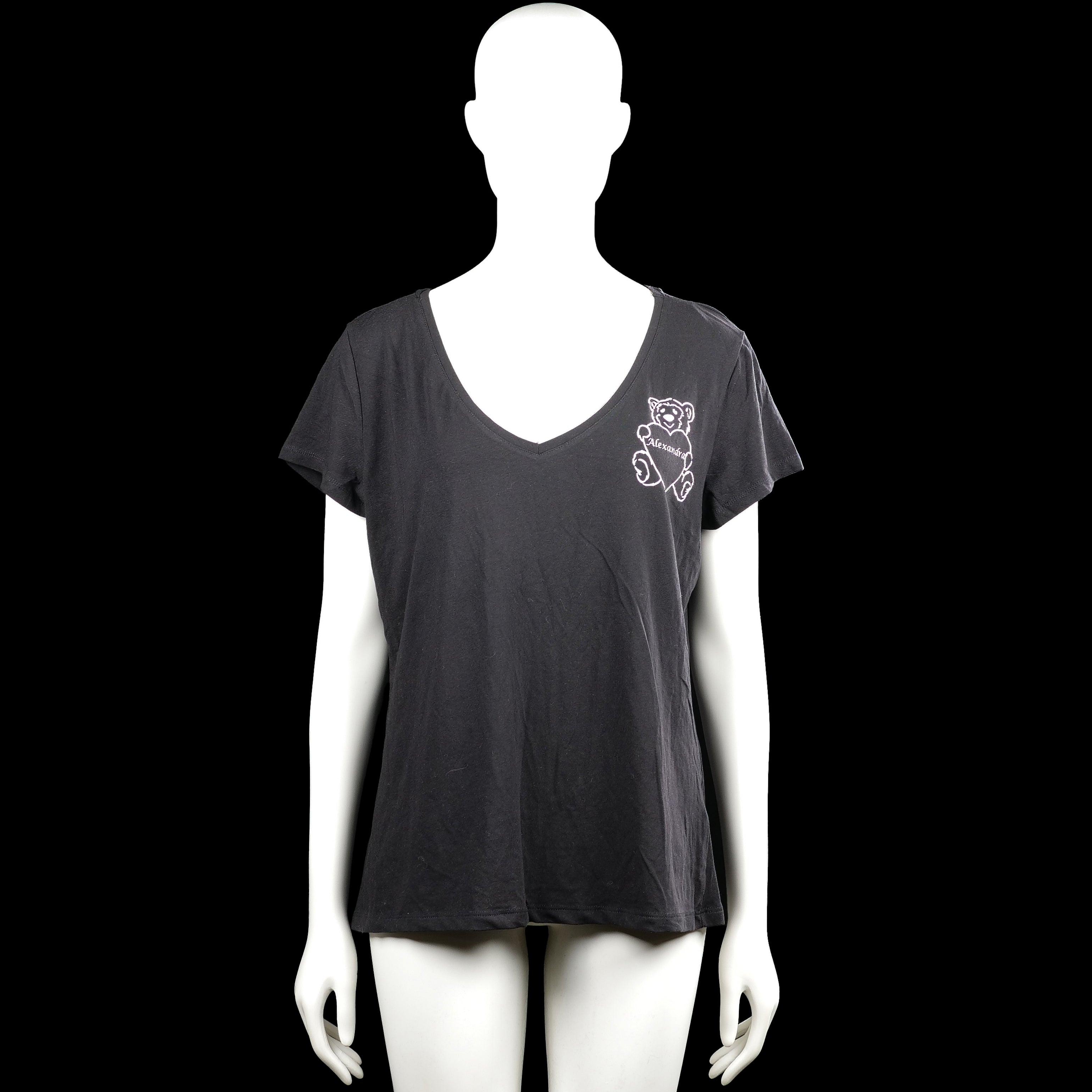 H&m basic - T-shirt - Charcoal - Size XL - Charcoal short-sleeve top with a V-neck and straight hem. Features white graphic print on the chest and a large white text print on the back.