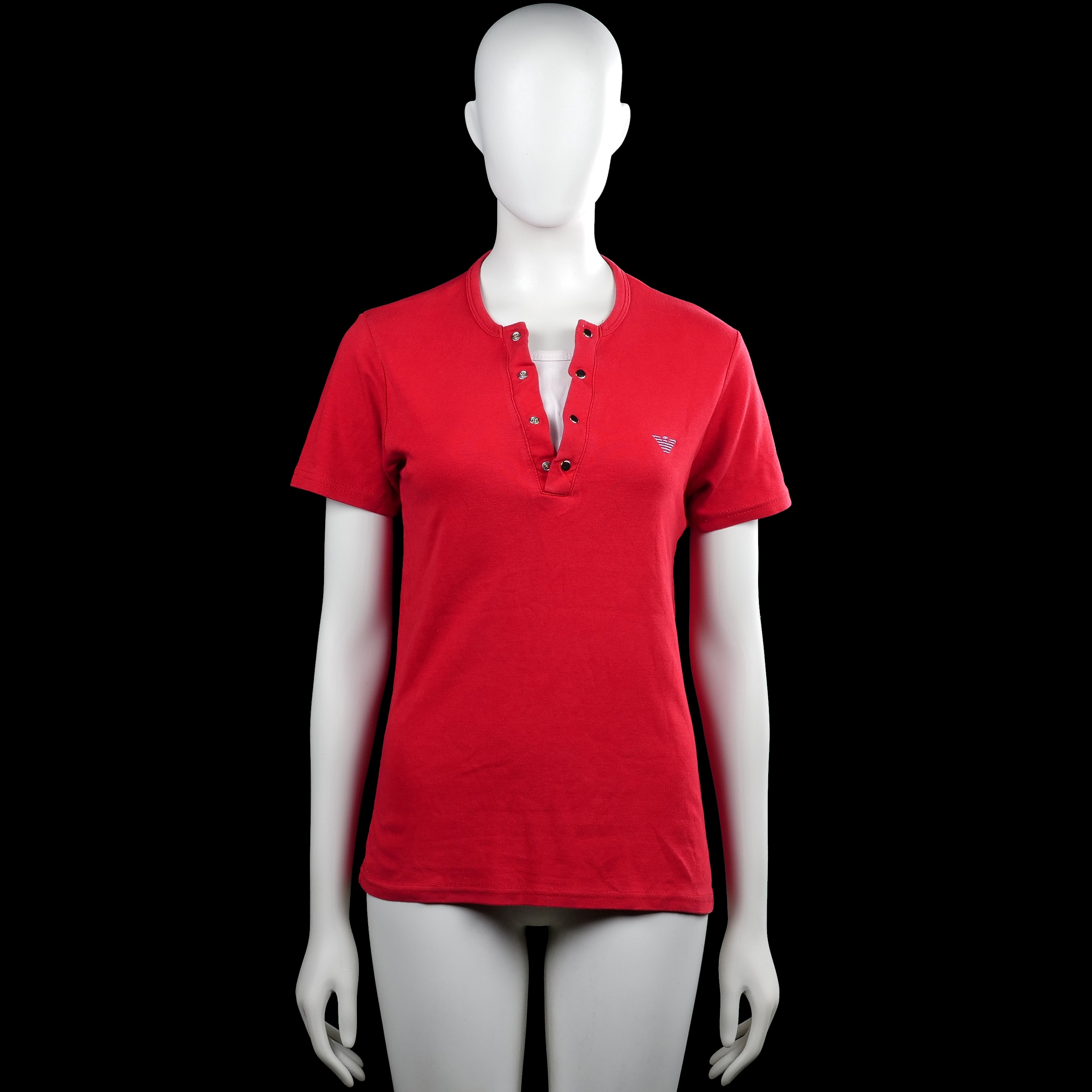 T-shirt - Red - Size M - Red solid short-sleeve top with a round neckline and partial button placket at the front. Straight hem and plain sleeve cuffs.