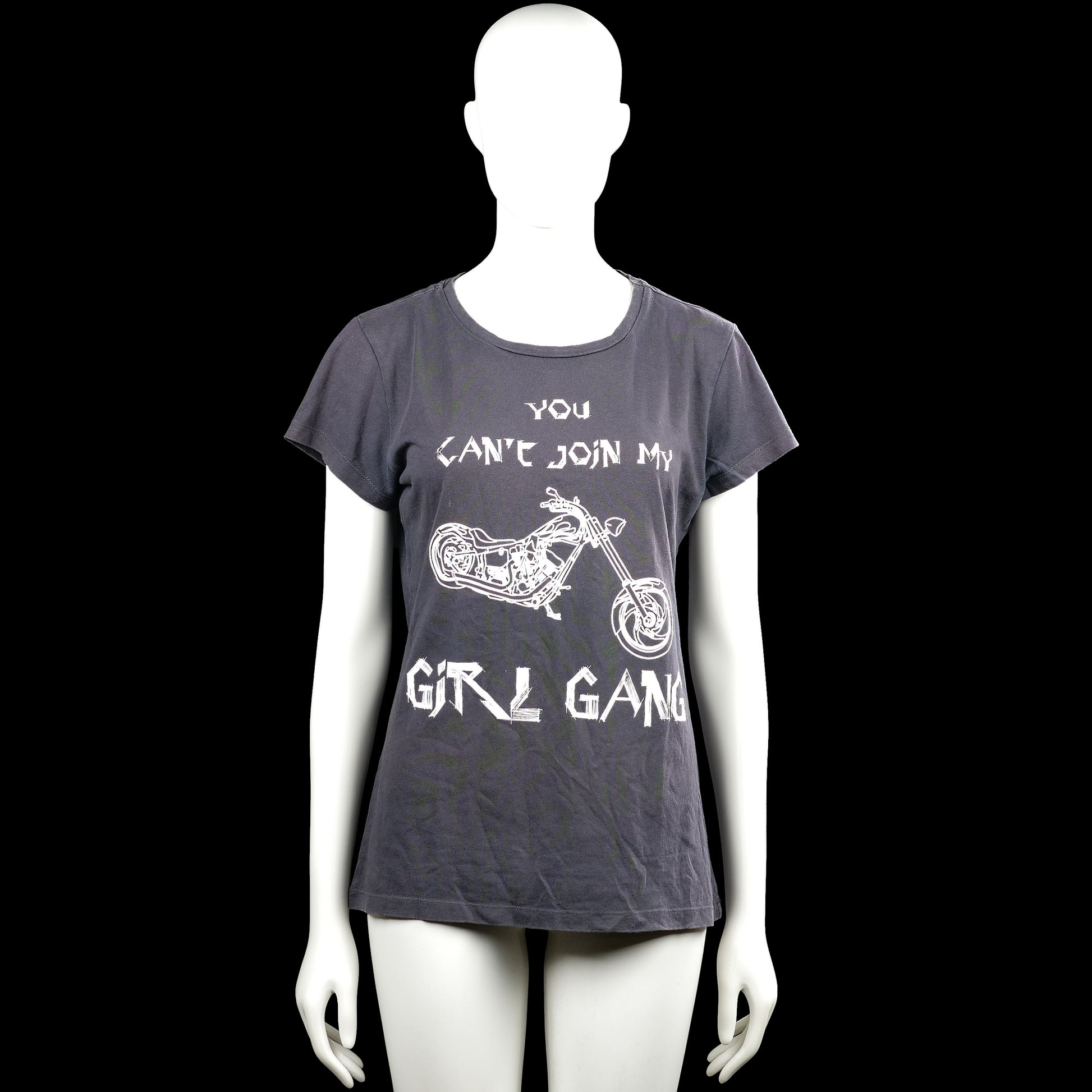 Nikkie - T-shirt - Dark Gray - Size 38 - Dark gray short-sleeve T-shirt with a round neck and straight hem. Features a large white text and motorcycle graphic print on the front and a small white graphic at the upper back.