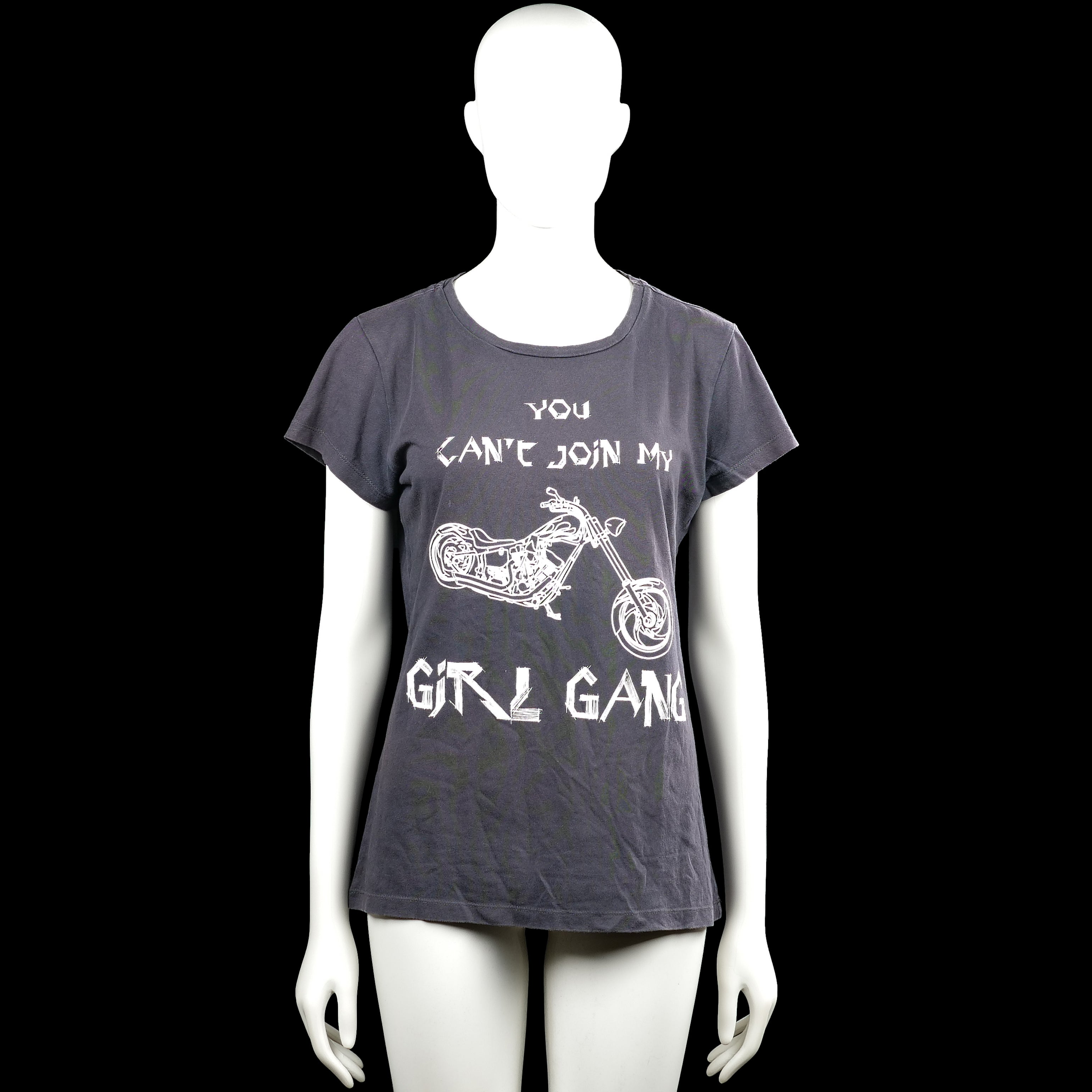 Nikkie - T-shirt - Dark Gray - Size 38 - Dark gray short-sleeve T-shirt with a round neck and straight hem. Features a large white text and motorcycle graphic print on the front and a small white graphic at the upper back.