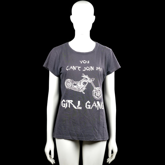 Nikkie - T-shirt - Dark Gray - Size 38 - Dark gray short-sleeve T-shirt with a round neck and straight hem. Features a large white text and motorcycle graphic print on the front and a small white graphic at the upper back.