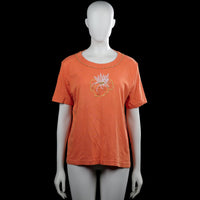 Kingfield - T-shirt - Orange - Size L - Orange short-sleeve top with a round neckline featuring bead trim and a floral motif on the chest. Straight hem and plain sleeve cuffs.