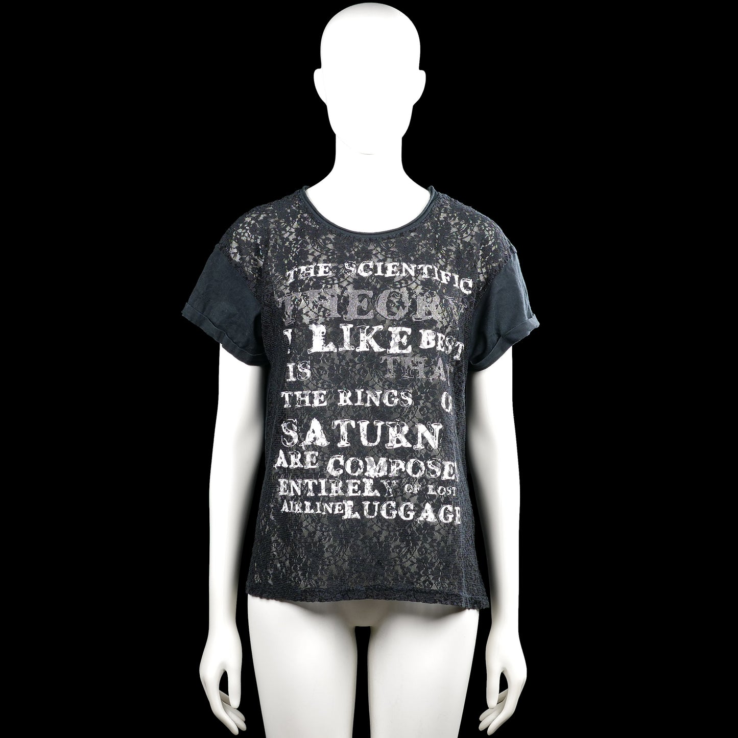 T-shirt - Black & Gray - Size M - Black and gray short-sleeve top with a round neck and straight hem. Features a floral-style overlay effect and white text graphic on the front, with rolled plain cuffs.