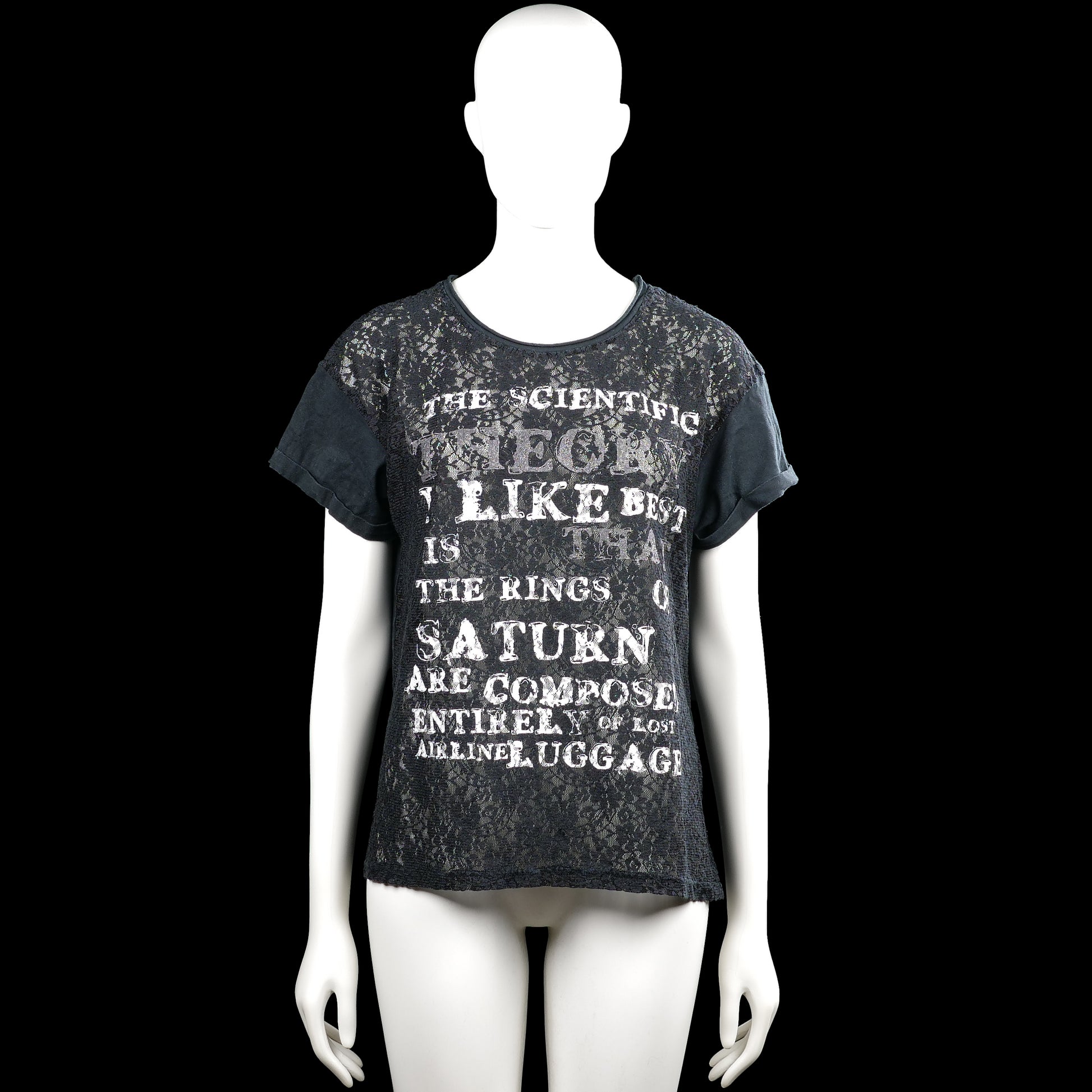 T-shirt - Black & Gray - Size M - Black and gray short-sleeve top with a round neck and straight hem. Features a floral-style overlay effect and white text graphic on the front, with rolled plain cuffs.