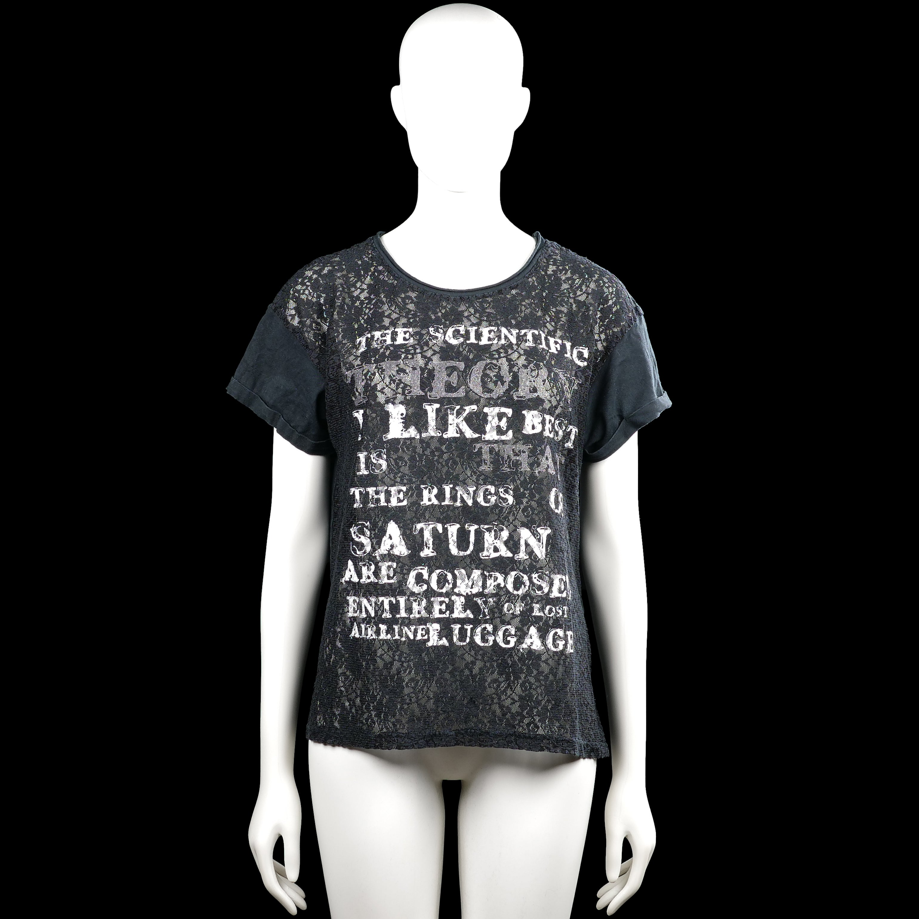 T-shirt - Black & Gray - Size M - Black and gray short-sleeve top with a round neck and straight hem. Features a floral-style overlay effect and white text graphic on the front, with rolled plain cuffs.