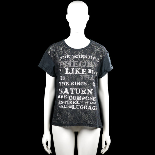 T-shirt - Black & Gray - Size M - Black and gray short-sleeve top with a round neck and straight hem. Features a floral-style overlay effect and white text graphic on the front, with rolled plain cuffs.
