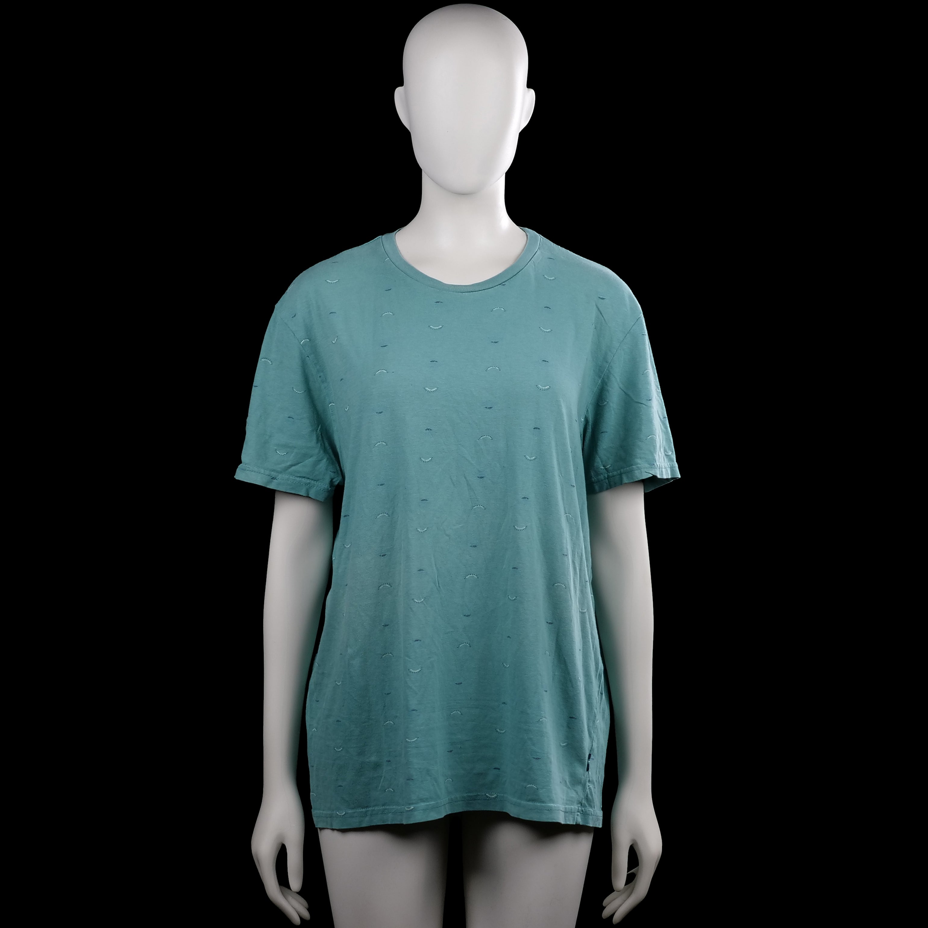Springfield - T-shirt - Turquoise - Size L - Turquoise short-sleeve top with a round neckline and straight hem. Features an all-over small print and plain sleeve cuffs.