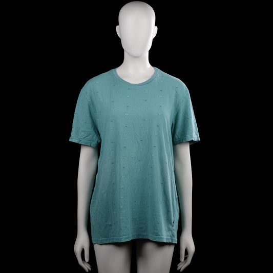 Springfield - T-shirt - Turquoise - Size L - Turquoise short-sleeve top with a round neckline and straight hem. Features an all-over small print and plain sleeve cuffs.