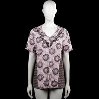 Gerry weber - T-shirt - Pink & Black - Size L - Pink top with a black floral pattern and a V-neckline. Short sleeves with plain cuffs and a straight hem.