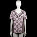 Gerry weber - T-shirt - Pink & Black - Size L - Pink top with a black floral pattern and a V-neckline. Short sleeves with plain cuffs and a straight hem.